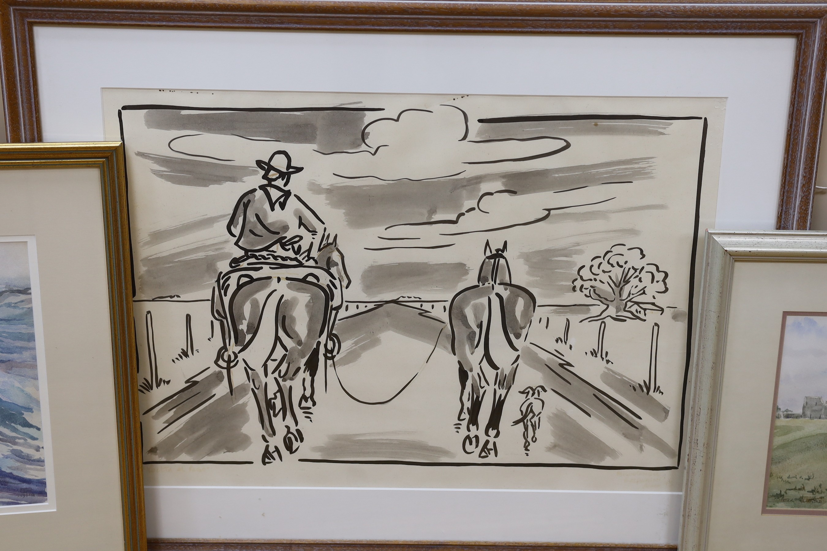 Miguel Gasparini, ink and wash, 'Vuelta al Pago' Spanish horserider leading a horse and dog along a track, indistinctly signed, 41 x 58cm, a watercolor of Herstmonceux Castle by Peter Clifford and a study of a waves from